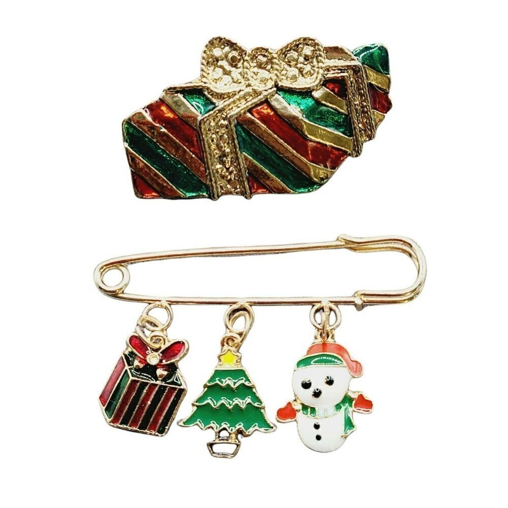 Christmas Brooch & Pin Gold Tone Christmas Present Brooch & Safety Pin Style